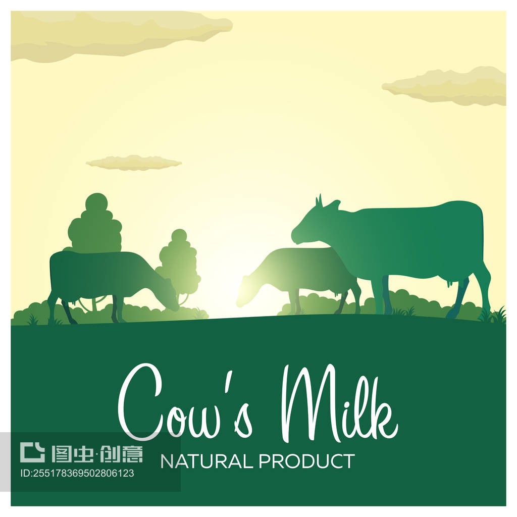 奶牛的天然产品。有磨坊和奶牛的乡村景观。村里的黎明。Cow's Milk natural product. Rural landscape with mill and cows. Dawn in the village.